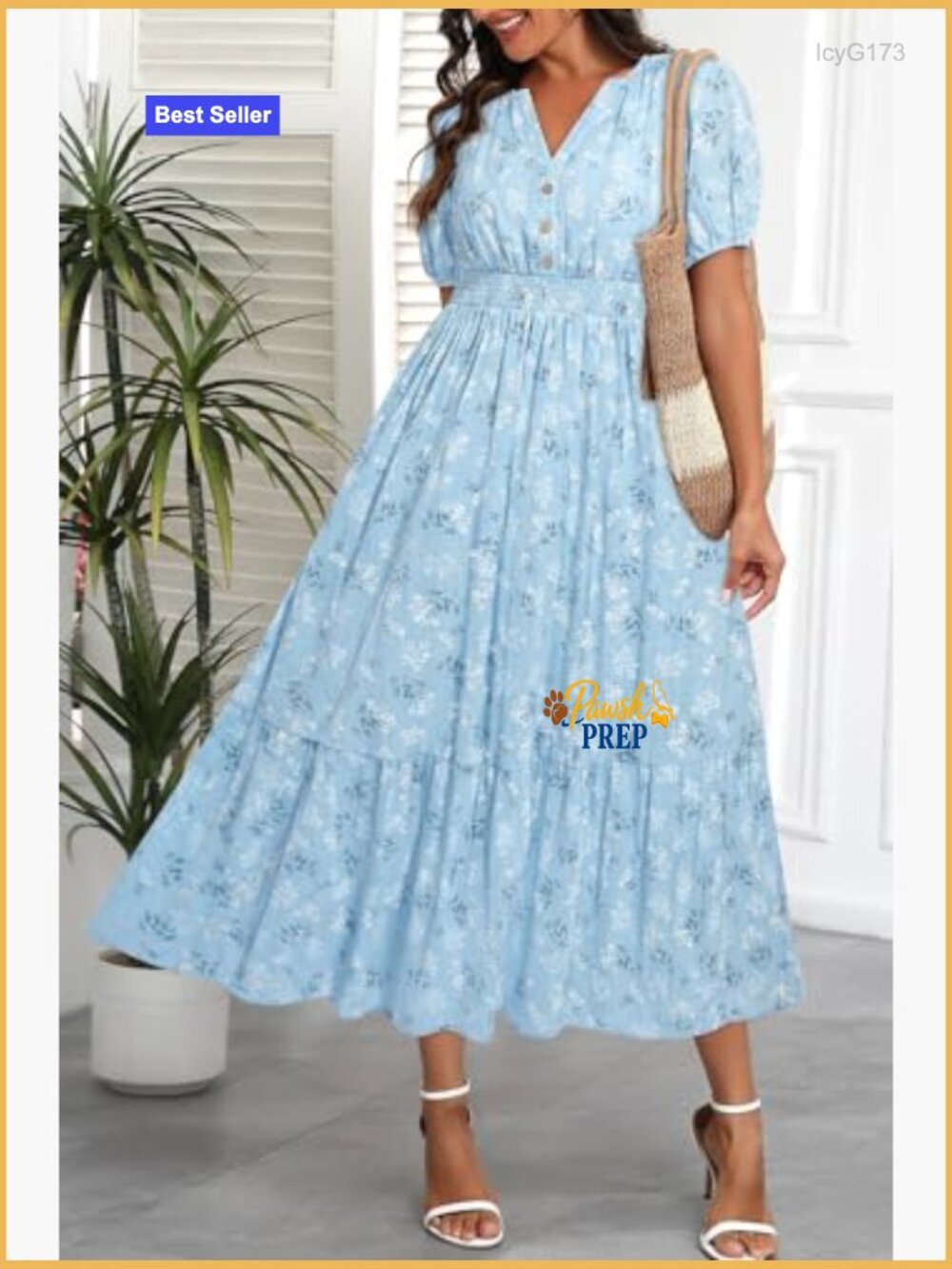 Cotton Midi Maxi Dress with Pockets, Puff Sleeves, V-Neck, Elastic Waist - Picture 2 of 7